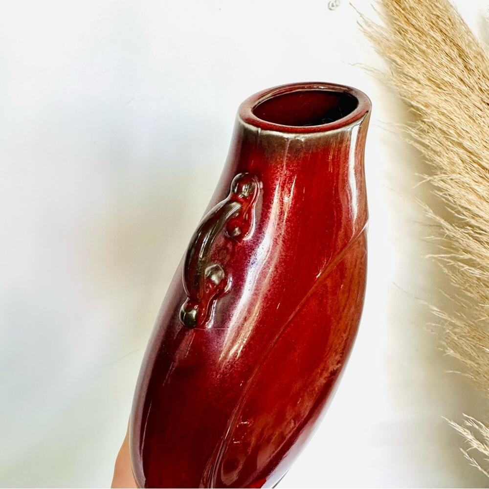 VINTAGE Rich Red Burgundy Ceramic Circular Vase Decor Mid Century Modern Retro - Picture 2 of 9